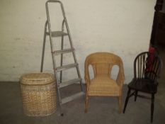 FOUR ITEMS TO INCLUDE AN ALUMINIUM STEP LADDER, A WHEEL BACK CHAIR, AN OCCASSIONAL WICKER CHAIR