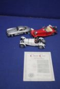 THREE DANBURY MINT CARS TO INCLUDE WHITE MERCEDES BENZ, A RED MERCEDES 500K AND A SILVER MERCEDES
