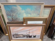 A COLLECTION OF FIVE ASSORTED PICTURES TO INCLUDE AN OIL ON BOARD BY WALTER ELLIOTT