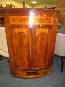 A LARGE 19TH CENTURY MAHOGANY HANGING INLAID CORNER CUPBOARD