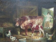 AN INTERIOR FARM SCENE WITH ANIMALS AND FIGURES SIGNED LOWER LEFT