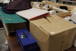 A LARGE QUANTITY OF SEWING RELATED ITEMS TO INCLUDE MATERIALS, ACCESSORIES, ETC