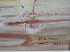 AN R.K. PATEL OIL ON CANVAS DEPICTING FLAMINGOS TOGETHER WITH A HARBOUR SIDE WATERCOLOUR (2)
