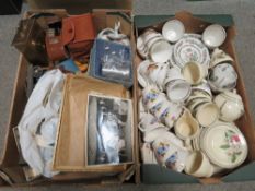 TWO TRAYS OF ASSORTED SUNDRIES TO INCLUDE CERAMICS. VINTAGE BLACK AND WHITE PHOTOGRAPHS ETC