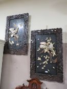 A PAIR OF ORIENTAL STYLE LACQUERED MOTHER OF PEARL WALL HANGINGS 90 X 56 CM