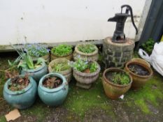 A QUANTITY OF GARDEN URNS, PLANTERS AND A CAST PUMP (12)