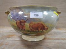 A SIGNED F. CLARKE GILT HANDLED BOWL HANDPAINTED WITH HIGHLAND CATTLE