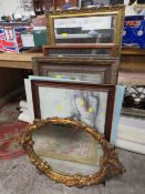 A QUANTITY OF ASSORTED PICTURES AND PRINTS TO INCLUDE AN OVAL GILT FRAMED MIRROR