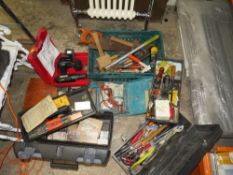 A CRATE OF ASSORTED TOOLS TOGETHER WITH TOOL BOXES AND CONTENTS