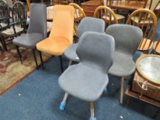 THREE MODERN LEATHER MATCHED DINING CHAIRS TOGETHER WITH A PAIR OF MODERN UPHOLSTERED DINING