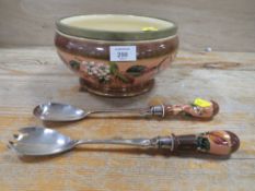 A VINTAGE BOWL AND SALAD SERVERS - PAPER LABEL STATING MACINTYRE - ONE SALAD SERVER A/F