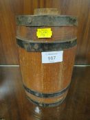 A SMALL VINTAGE COOPERED BARREL WITH STOPPER