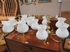 TWO BRASS CHANDELIERS TOGETHER WITH FOUR MATCHING WALL LIGHTS