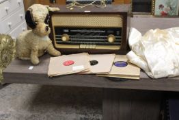A VINTAGE UNITRA RADIO TOGETHER WITH A SELECTION OF RECORDS , VINTAGE DOG TOY AND A WEDDING DRESS