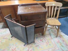 A VINTAGE OAK THREE DRAWER CHEST, FIRESCREEN AND KITCHEN CHAIR