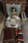 A TRAY OF ASSORTED COLLECTABLES TO INCLUDE VINTAGE HEATER ETC