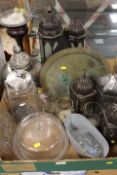 A TRAY OF ASSORTED METAL WARE TO INCLUDE EASTERN LAMPS ETC