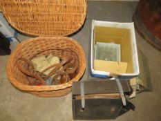 A VINTAGE WICKER BASKET AND CONTENTS TO INCLUDE HORSE TACK TOGETHER WITH A BOX OF GLASS BRICKS AND A