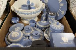 A TRAY OF WEDGWOOD BLUE JASPERWARE
