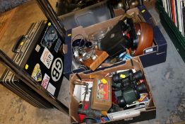 TWO BOXES OF ASSORTED SUNDRIES TO INCLUDE BINOCULARS ETC PLUS A VINTAGE RIGID BRIEFCASE