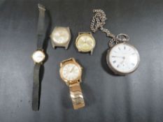 A CHESTER HALLMARKED SILVER 'THE EXPRESS ENGLISH LEVER' POCKET WATCH A/F, TOGETHER WITH FOUR