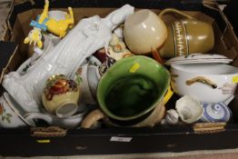 TWO TRAYS OF ASSORTED CERAMICS TO INCLUDE TOBY JUGS, ORIENTAL STYLE FIGURE AND VASES ETC