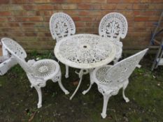 A PAINTED METAL PATIO TABLE AND FOUR CHAIRS