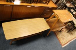 A MID CENTURY UTILITY TROLLEY TOGETHER WITH A RETRO COFFEE TABLE (2)