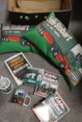 A TRAY OF EDDIE STOBART COLLECTABLES TO INCLUDE PICTURES, CUSHIONS, DVDS ETC