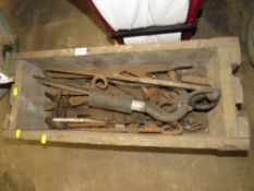A VINTAGE WOODEN CRATE OF TOOLS RASPS ETC