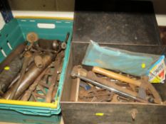 A CRATE OF ASSORTED TOOLS TOGETHER WITH TOOL BOXES AND CONTENTS