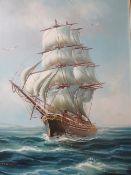 AN OIL ON CANVAS DEPICTING A SAILING BOAT INDISTINCTLY SIGNED