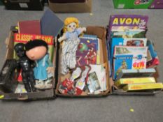 THREE TRAYS OF ASSORTED VINTAGE DOLLS, TOYS AND GAMES ETC