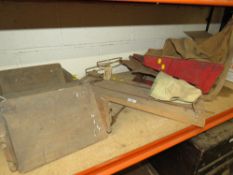 A VINTAGE PIGLET HOLDER TOGETHER WITH OTHER AGRICULTURAL BYGONES