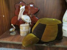 A VINTAGE WALL CLOCK, RETRO POUFFE AND TWO PELICAN ORNAMENTS