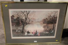 A FRAMED HELEN BRADLEY PRINT SIGNED IN PENCIL - WITH BOOK AND CARD (IN CABINET)