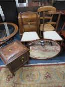 A VINTAGE OVAL MIRROR, THREE BEDROOM CHAIRS, WALNUT CABINET AND OAK SEWING STOOL (6)