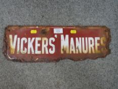 A VINTAGE DOUBLE SIDED ENAMEL SIGN FOR 'VICKERS' MANURES A/F