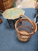 AN EASTERN BRASS FOLDING TABLE TOGETHER WITH A BASKET A/F (2)