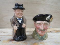 A ROYAL DOULTON WINSTON CHURCHILL TOBY JUG TOGETHER WITH A 'MONTY' CHARACTER JUG (2)