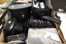 A TRAY OF ASSORTED CAMERAS BINOCULARS ETC