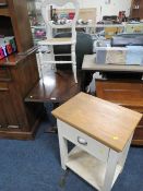 AN OAK COFFEE TABLE TOGETHER WITH A MODERN BEDSIDE AND A BERGERE CHAIR (3)