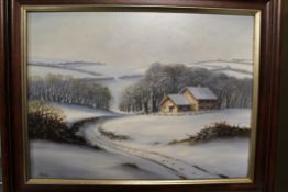 A FRAMED OIL ON CANVAS OF A WINTER SCENE ENTITLED 'DEVON IN WNTER 1985' SIGNED LOWER LEFT BOB TUCKER