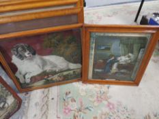 A COLLECTION OF FIVE ANTIQUE MAPLE AND MAHOGANY PICTURES, PRINTS AND TAPESTRIES