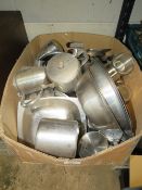 A BOX OF STAINLESS STEEL WARE, COOKING WARE ETC
