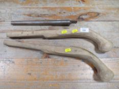 A 20TH CENTURY WOODEN PISTOL STICK AND METAL BARREL WITH SPARE WOODEN STOCK