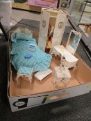 A TRAY OF VINTAGE SINDY DOLLS BEDROOM FURNITURE COMPLETE WITH DRESSING TABLE AND HOT WATER BOTTLE