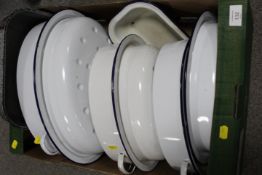 TWO TRAYS OF ASSORTED KITCHENALIA TO INCLUDE A COLLECTION OF ENAMEL EXAMPLES