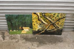 TWO UNFRAMED OIL ON BOARD PAINTINGS BY DAVID NORMAN - ONE OF A LEOPARD AND THE OTHER OF A FAMILY