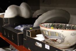 FOUR TRAYS OF ANTIQUE CERAMICS TO INCLUDE A RESTORED COCK FIGHTING BOWL, PEARLWARE STYLE BRITANNIA